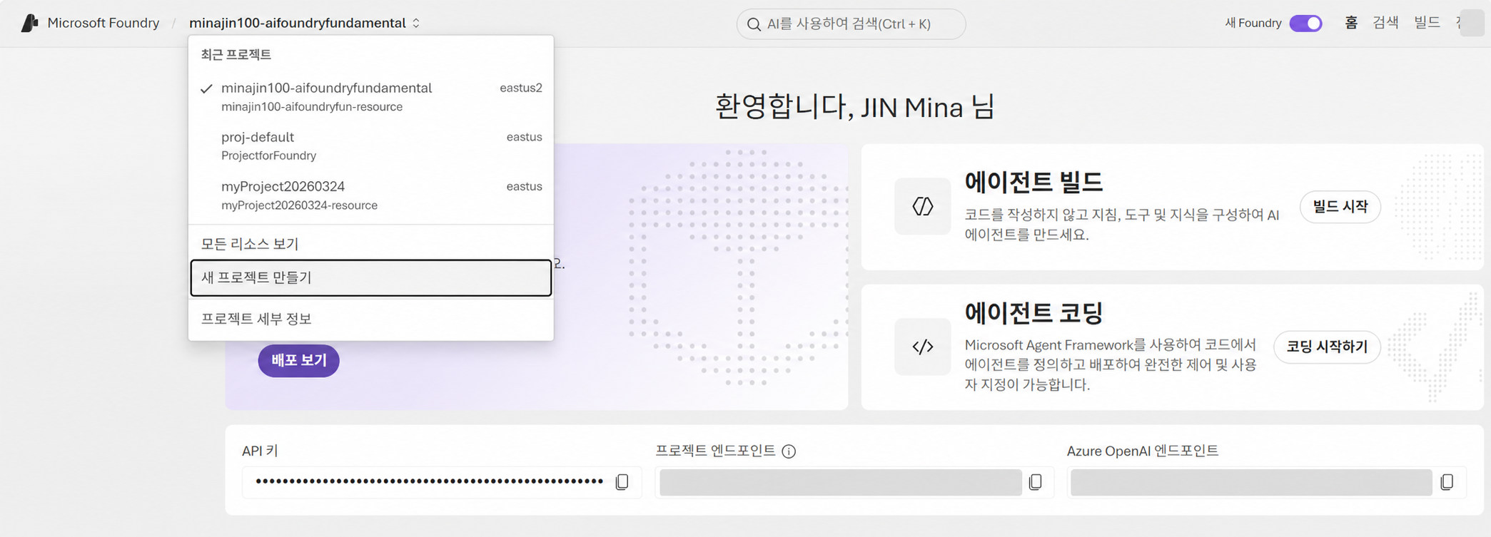 새 프로젝트 만들기 및 Endpoint·API Key 확인 화면