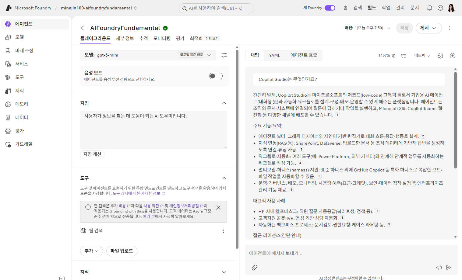 모델과의 대화 응답 화면