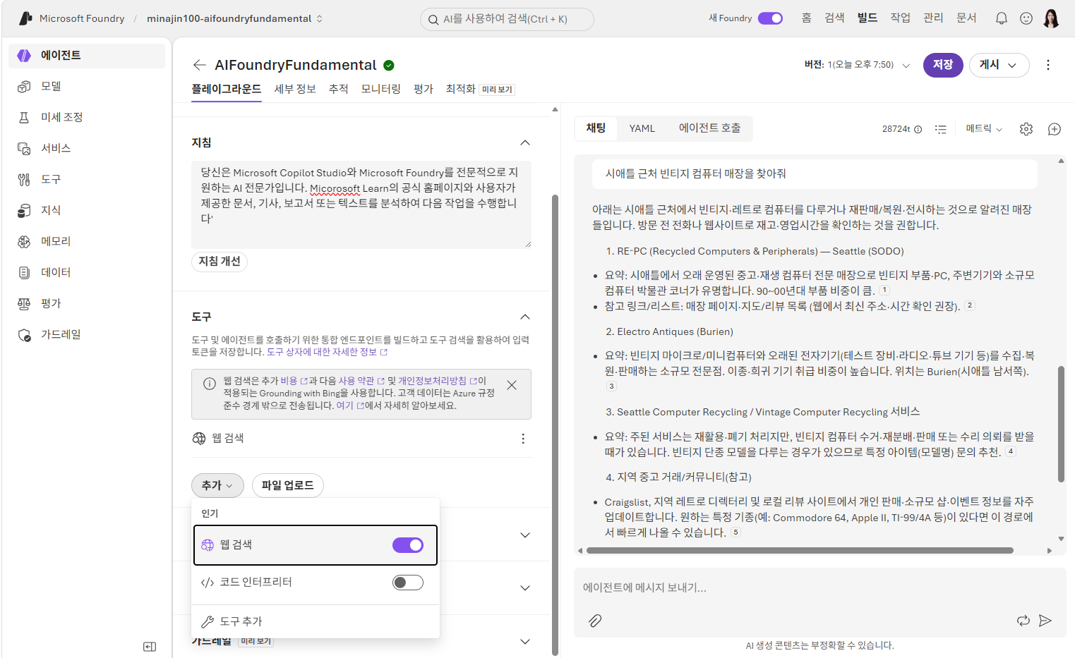 web_search 도구를 추가하고 빈티지 컴퓨터 매장을 검색한 응답 화면