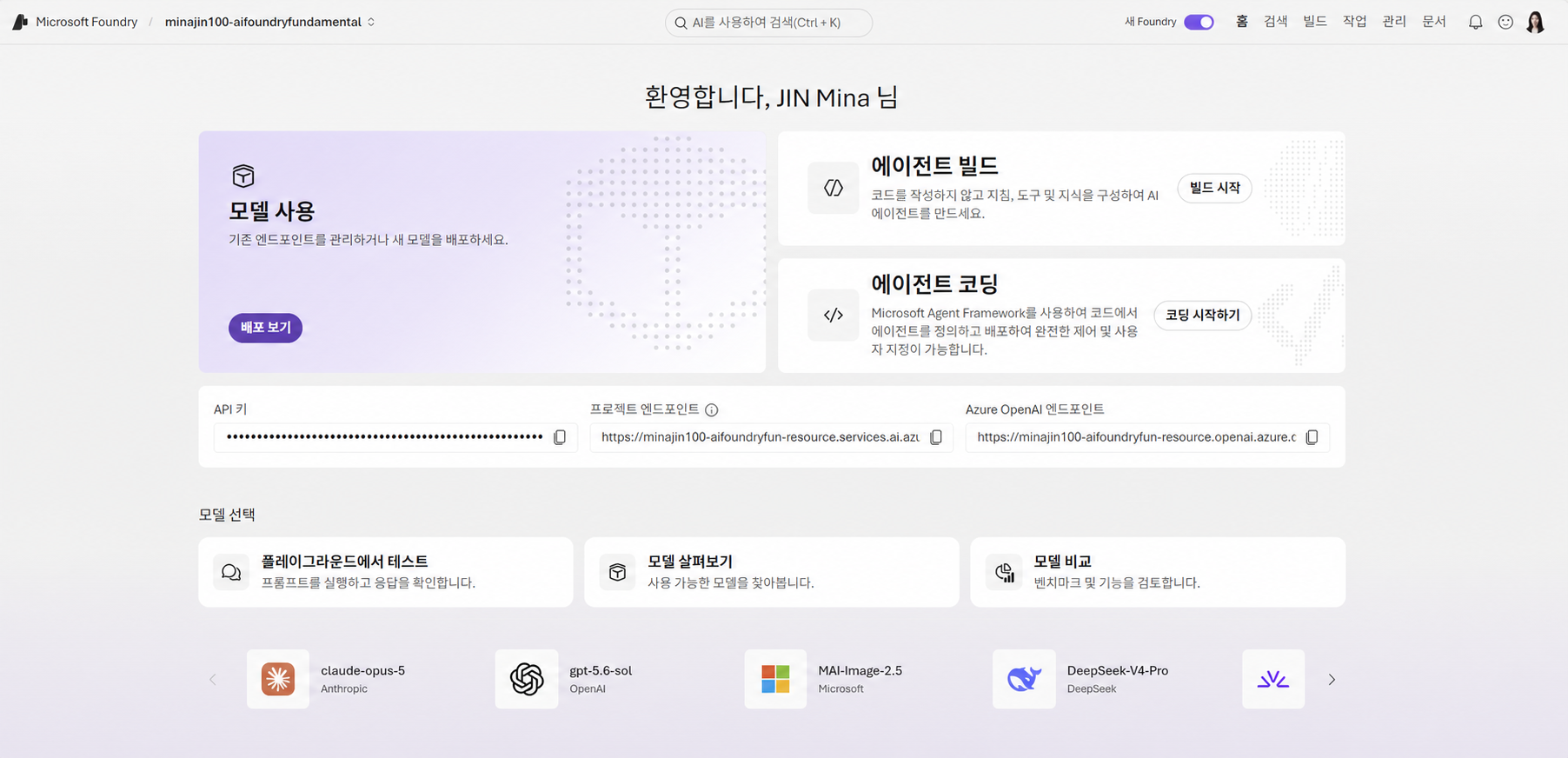 Microsoft Foundry 홈에서 마스킹된 API 키와 프로젝트 및 Azure OpenAI 엔드포인트 확인