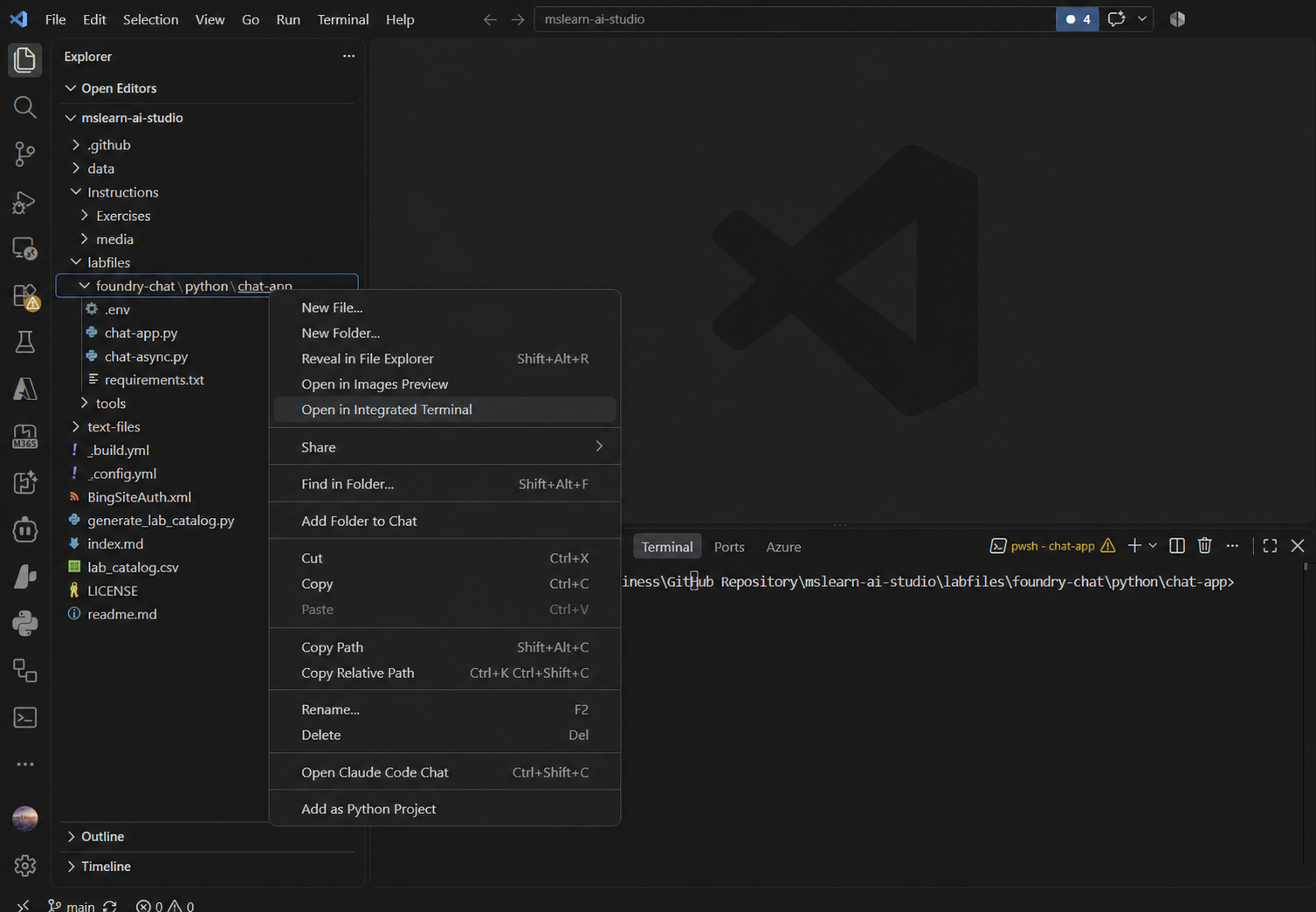Visual Studio Code 탐색기에서 chat-app 폴더의 통합 터미널 열기