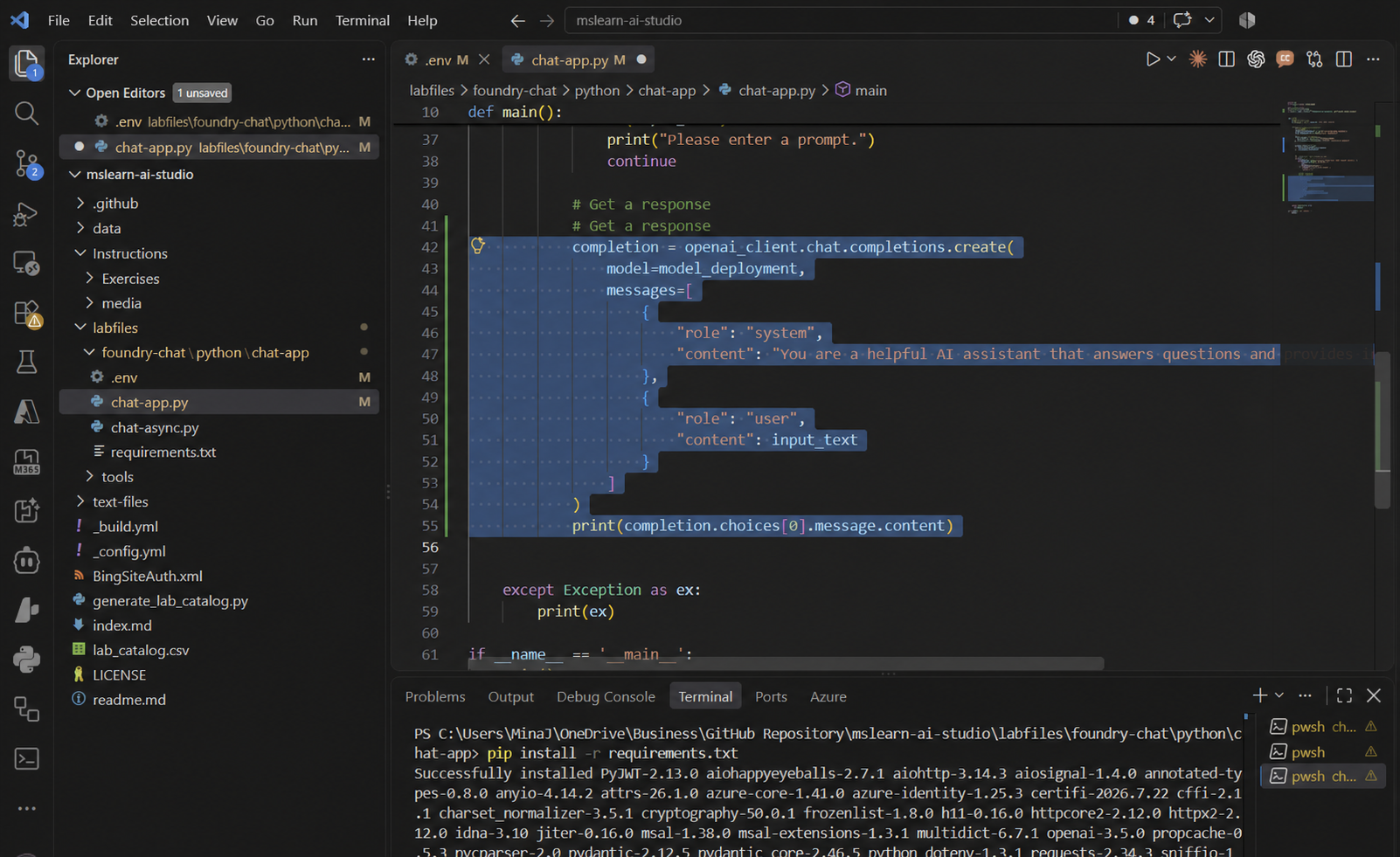 Visual Studio Code의 chat-app.py에서 ChatCompletions API 응답 생성 코드 추가