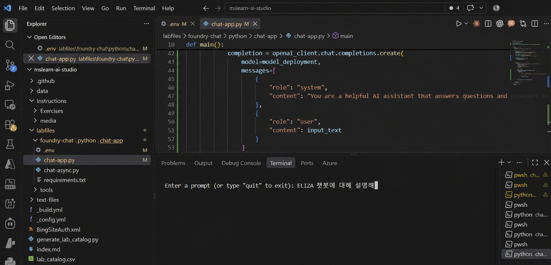 Visual Studio Code 터미널에서 ELIZA 챗봇 설명 프롬프트 입력