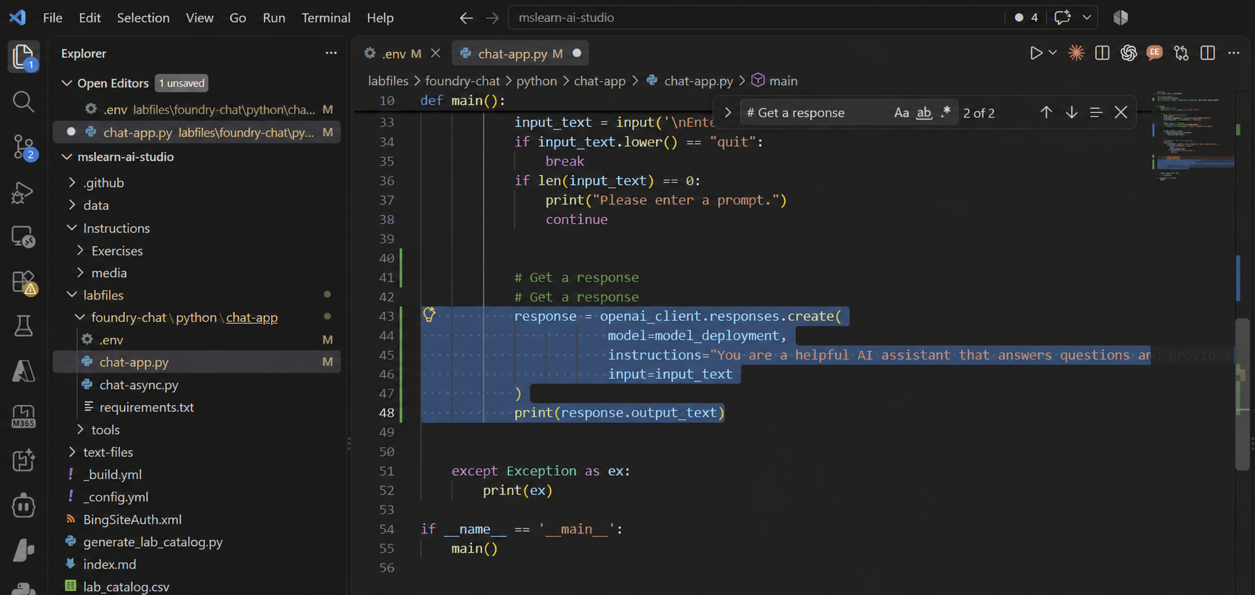 Visual Studio Code의 chat-app.py에서 Responses API 호출 코드로 전환
