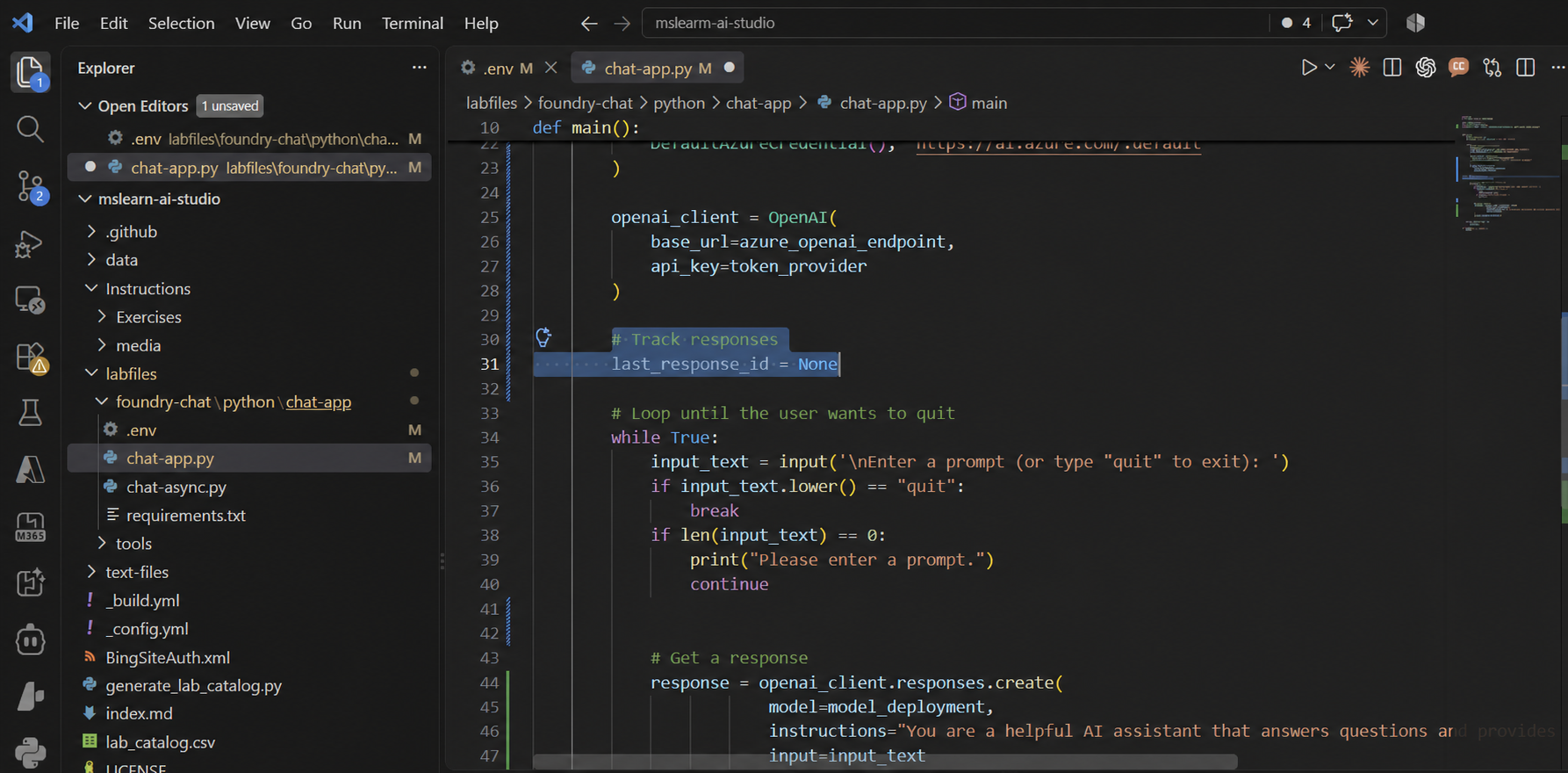 Visual Studio Code의 chat-app.py에서 이전 응답 ID 추적 변수 추가