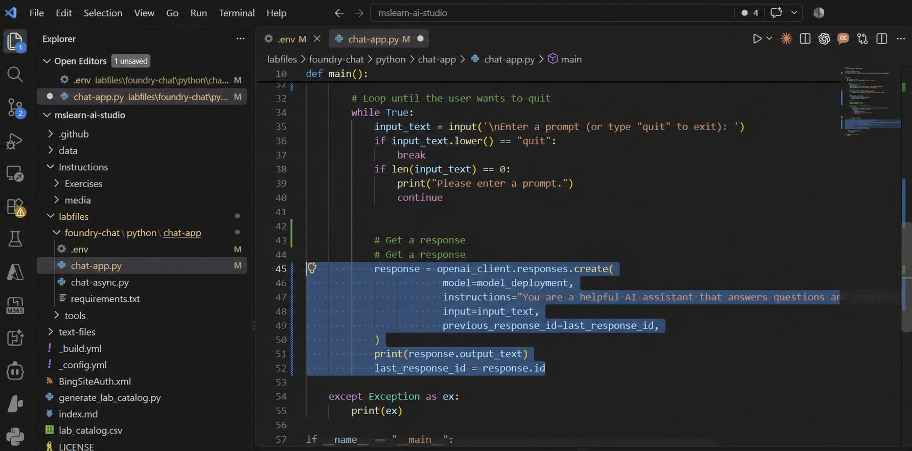 Visual Studio Code의 chat-app.py에서 이전 응답 ID를 전달하고 새 응답 ID 저장